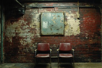 Vintage chairs in an abandoned room with overgrown windows in the background