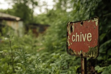 Rusty Sign with Weathered Surface in Overgrown Garden Indicating Chive Plant Among Foliage, Symbolizes Abandoned or Neglected Garden in Lush Green Setting