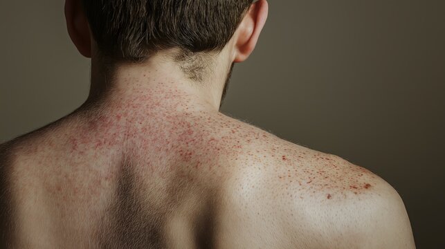 Scaly patches of discoid eczema affect the back of a person in a dimly lit room