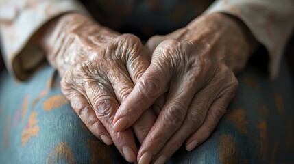 Elderly person with chronic eczema resting hands on knees, showcasing skin condition in a serene setting