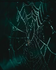Enchanting Water Droplets on Spider Web: Nature's Intricate Patterns and Reflections Close-Up