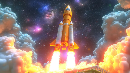 Fototapeta premium Stylized rocket launch against a vibrant nebula backdrop. Perfect for childrens books, educational materials, or spacethemed projects.