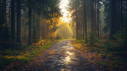 Obraz premium Golden Sunlight Illuminates Forest Path With Autumn Foliage Reflections. Foggy Morning Path Through Forest With Vibrant Autumn Leaves