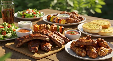 Obraz premium Delicious Bbq Ribs and Chicken Wings Outdoor Feast