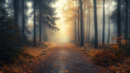 Naklejka premium Golden Sunlight Illuminates Forest Path With Autumn Foliage Reflections. Foggy Morning Path Through Forest With Vibrant Autumn Leaves