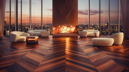 A modern sanctuary with rich chocolate brown parquet floors in chevron stripes