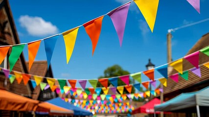 Colorful bunting flags decorate a vibrant outdoor market on a sunny day, symbolizing celebration and community