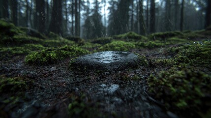 Rainy forest floor, moss, stone, nature background