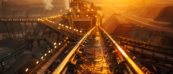 Mining Conveyor Belt Steadily Transporting Raw Ore in Industrial Setting Under Bright Lighting Conditions