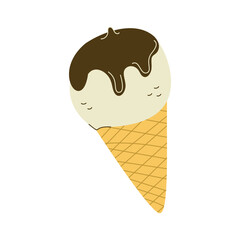 Ice Cream scoop in waffle Cone drizzled with Chocolate. Cold summer creamy dessert with brown glaze. Isolated Dairy sweet food. Creme brulee. Tasty Sweetness. Flat style. Color vector illustration