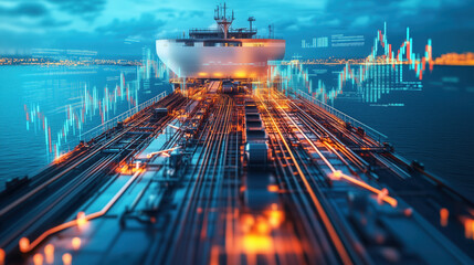 Oil Container Being Loaded onto a Cargo Ship, Featuring Background Energy Market Graphs Illustrating the Fluctuating Global Prices of Petroleum