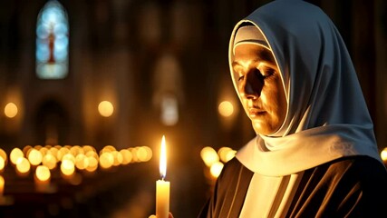 A Caucasian woman in a religious habit holds a candle in a dimly lit cathedral, symbolizing contemplation and spirituality during Christmas or Easter celebrations