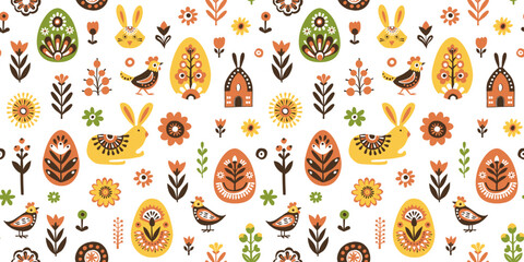 Scandinavian Easter Pattern with Bunnies, Eggs, Flowers, and Birds