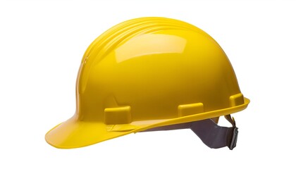Fototapeta premium A yellow plastic hard hat isolated on a white background, featuring a smooth, durable surface with a sturdy brim, designed for safety and industrial protection.