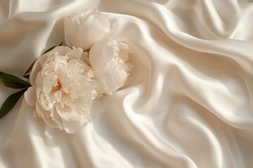 top view bouquet of white peonies flowers with delicate petals on white silk fabric with copy space