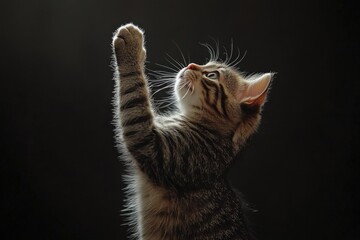 A tabby cat stretches its paw upward, exploring its surroundings with curiosity in a dimly lit...