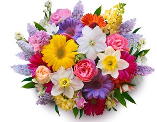 Bouquet of colorful spring flowers top view, isolated on a white background, featuring a vibrant mix of blossoms in full bloom, symbolizing joy and renewal