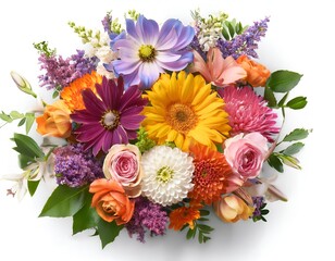 Bouquet of colorful spring flowers top view, isolated on a white background, featuring a vibrant mix of blossoms in full bloom, symbolizing joy and renewal