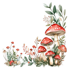 Watercolor forest scene with red mushrooms and greenery isolated png