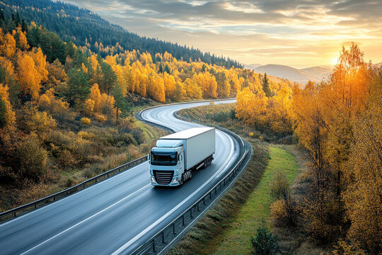 A white truck drives carefully along a winding highway, framed by vibrant autumn trees as the sun sets over the mountains