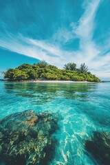 Fototapeta premium serene tropical island with lush greenery and calm crystal-clear waters minimalistic distant horizon and bright blue sky