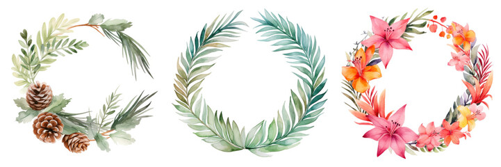 Three decorative wreaths: pinecones, greenery, and vibrant flowers isolated png