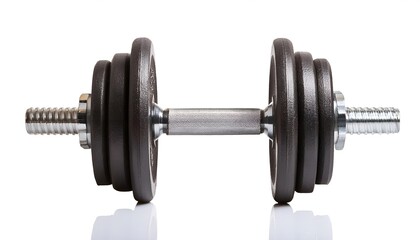 Fototapeta premium A sleek, heavy-duty dumbbell with a chrome handle and black rubber-coated weights, isolated on a white background, representing fitness, strength, and training essentials