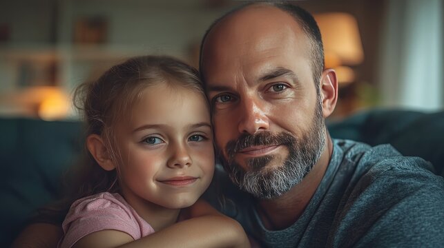 Loving young husband and father sitting with his school-age daughter, supporting and cuddling together, smiling, and fighting against cancer