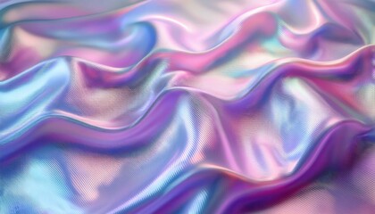 Obraz premium Abstract iridescent fabric background with wavy texture reflecting holographic colors in pastel shades of pink and blue