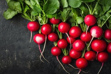 Fresh radish microgreens feature rich green leaves and bright red bulbs, showcased beautifully on a dark surface