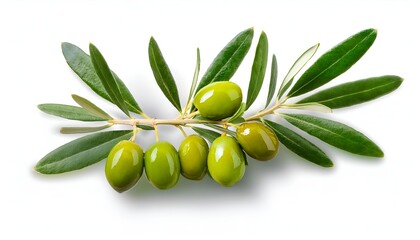 A small branch with fresh green olives and vibrant leaves, isolated on a white background, representing Mediterranean cuisine, health, and natural ingredients.