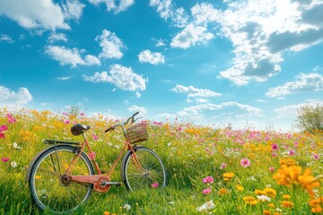Naklejka premium A vintage bicycle rests against a backdrop of vibrant wildflowers in a beautiful meadow, illuminated by a sunny spring sky with fluffy clouds