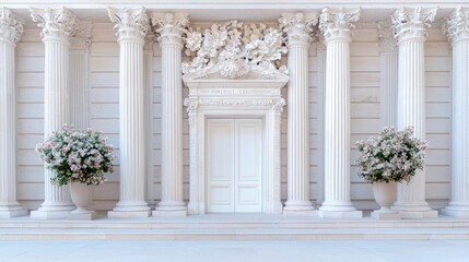 Fototapeta premium Elegant white columns frame grand entrance; potted plants add charm; serene courtyard background; ideal for luxury design