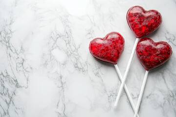 Fototapeta premium Valentine's Day Treats: Red Glitter Heart Lollipops on a Chic Marble Background