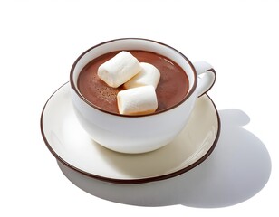A warm cup of rich hot chocolate topped with fluffy marshmallows, isolated on a white background, representing comfort, warmth, and indulgence.