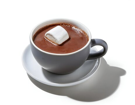 A warm cup of rich hot chocolate topped with fluffy marshmallows, isolated on a white background, representing comfort, warmth, and indulgence.