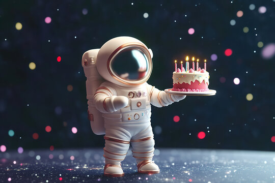 astronaut in white spacesuit and helmet with tasty sweet cake on blurred bokeh dark galaxy background with sparkles, birthday postcard
