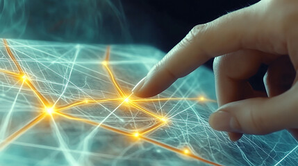 Closeup of a finger interacting with a glowing digital map, showcasing network connectivity and data flow.  Ideal for tech, transportation, or global communication concepts.