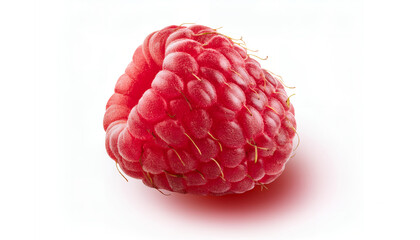A single ripe raspberry with vibrant red color and delicate drupelets, isolated on a white background, showcasing its juicy and fresh appearance