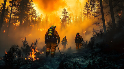 Fototapeta premium Firefighters Battling Wildfire in Dense Forest Generative AI