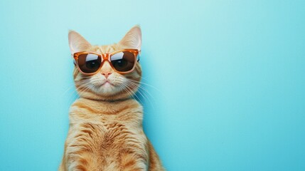 A ginger cat posing confidently with stylish sunglasses against a vibrant turquoise background, radiating charm and attitude. Ideal for creative marketing, branding, and fun projects