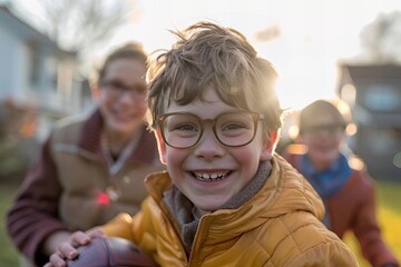 Happy kids and parents playing football in the backyard, wearing glasses and smiling as they kick the ball.
