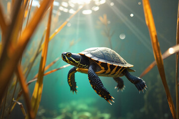 A painted turtle gliding gracefully through swaying reeds in a crystal-clear pond, showcasing delicate beauty of underwater life.