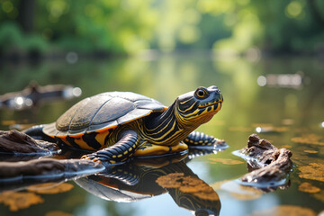 Fototapeta premium Snapping turtle resting on submerged logs in tranquil lake, capturing the delicate beauty of underwater life.