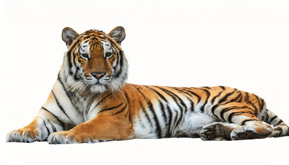 Obraz premium A majestic tiger resting with its powerful body relaxed, isolated on a white background, showcasing its bold orange fur, black stripes, and piercing eyes
