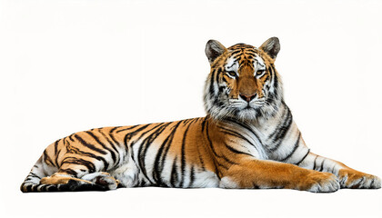 Obraz premium A majestic tiger resting with its powerful body relaxed, isolated on a white background, showcasing its bold orange fur, black stripes, and piercing eyes
