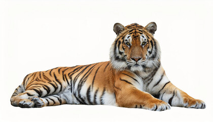 Obraz premium A majestic tiger resting with its powerful body relaxed, isolated on a white background, showcasing its bold orange fur, black stripes, and piercing eyes