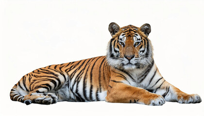 Obraz premium A majestic tiger resting with its powerful body relaxed, isolated on a white background, showcasing its bold orange fur, black stripes, and piercing eyes