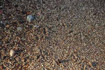 Background of small multicolored pebbles of the city beach of Budva, Montenegro. High quality photo