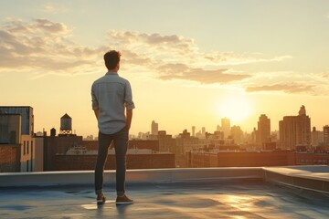 A man standing on a city rooftop at sunset, looking out over the skyline with a relaxed, contemplative expression